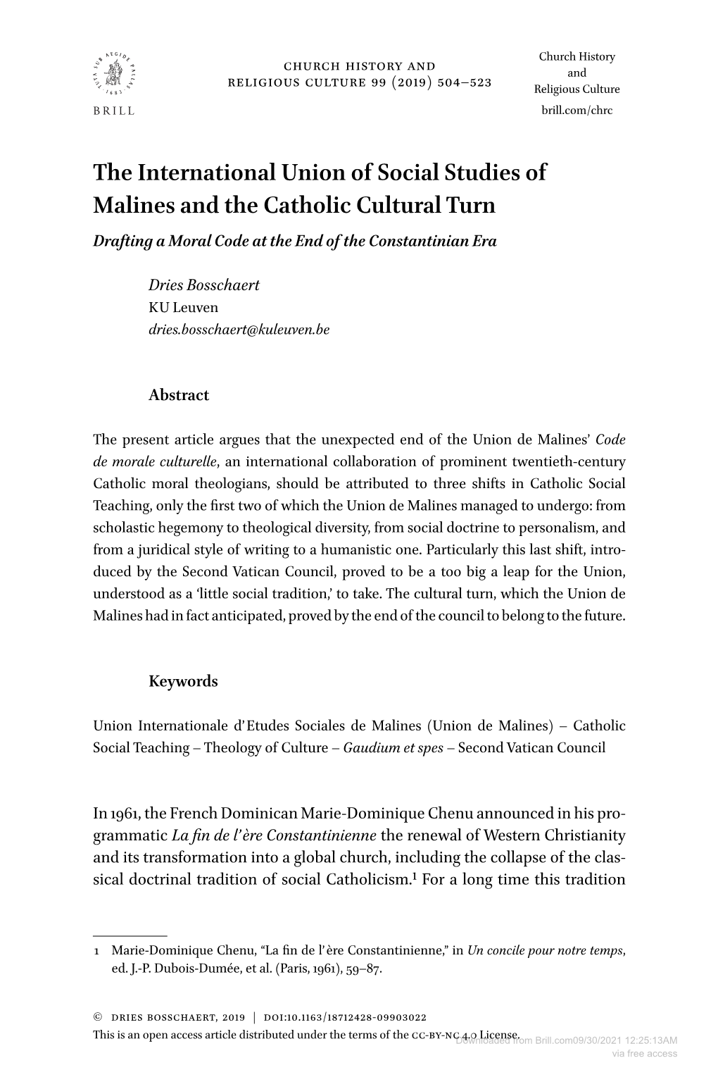 The International Union of Social Studies of Malines and the Catholic Cultural Turn Drafting a Moral Code at the End of the Constantinian Era