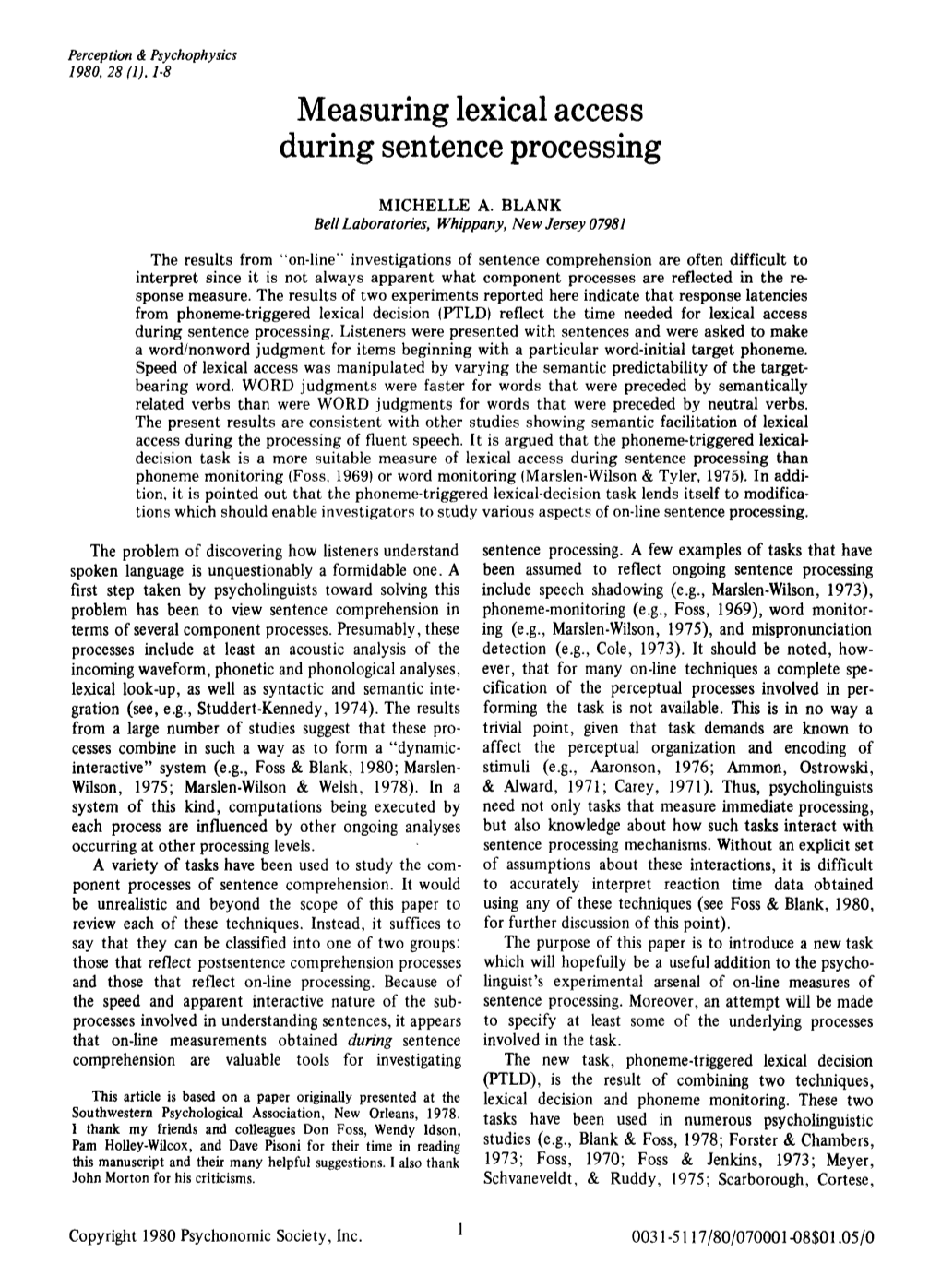 Measuring Lexical Access During Sentence Processing