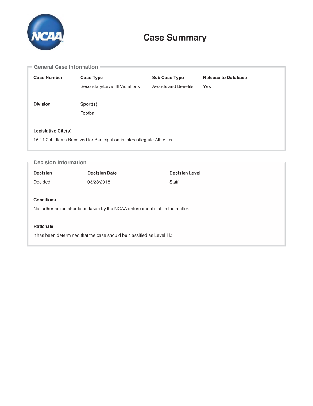 The NCAA Case Summary Classified the Violations As Secondary/Level