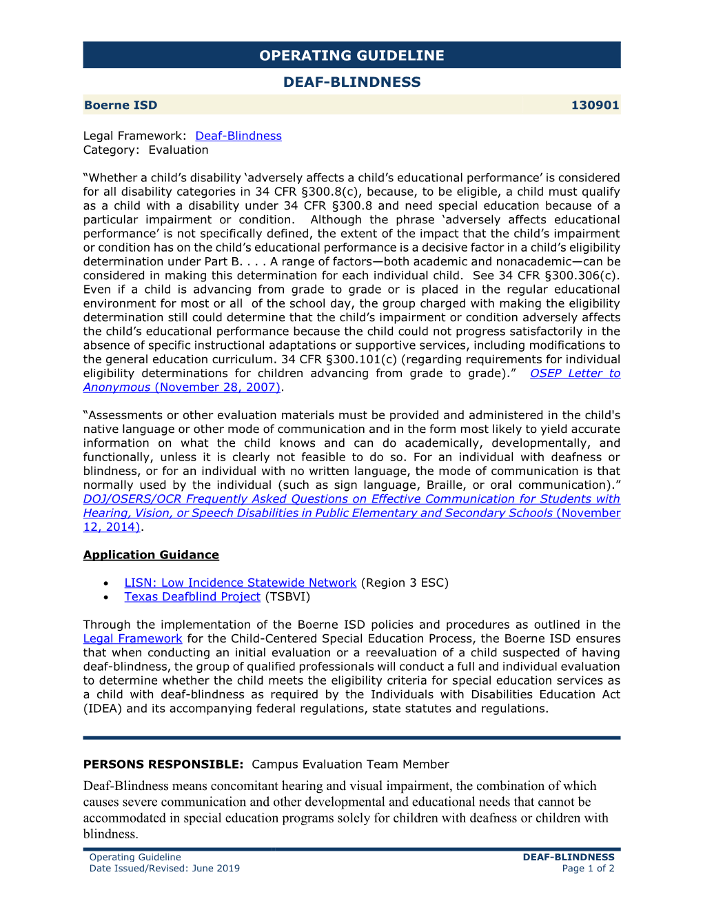 OPERATING GUIDELINE DEAF-BLINDNESS Deaf-Blindness