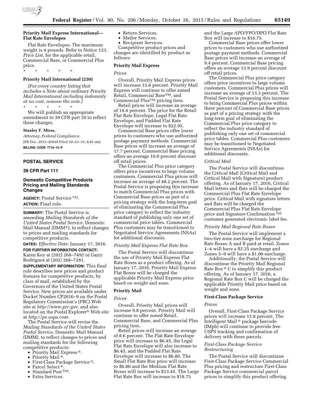 Federal Register/Vol. 80, No. 206/Monday, October 26, 2015