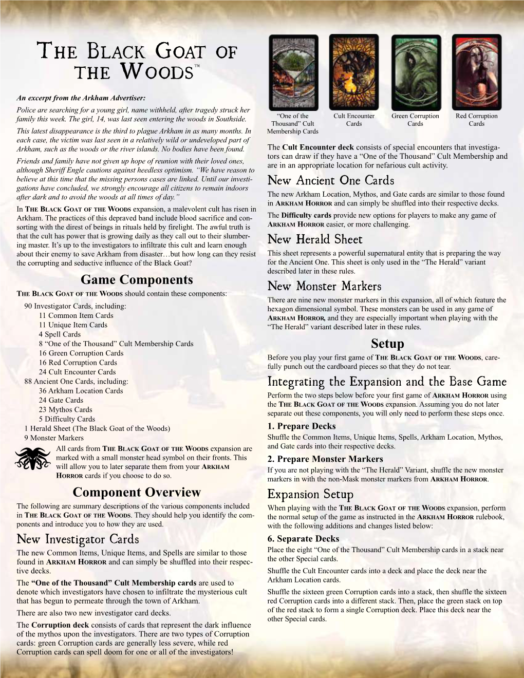 Arkham Horror: the Black Goat of the Woods Expansion Rulebook