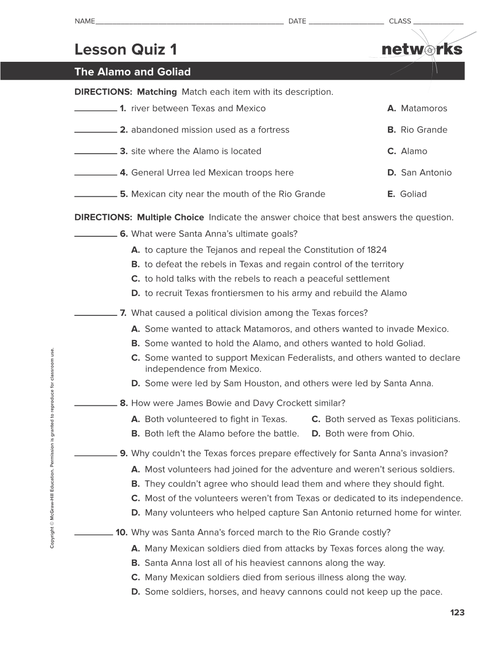 Lesson Quiz 1 the Alamo and Goliad DIRECTIONS: Matching Match Each Item with Its Description