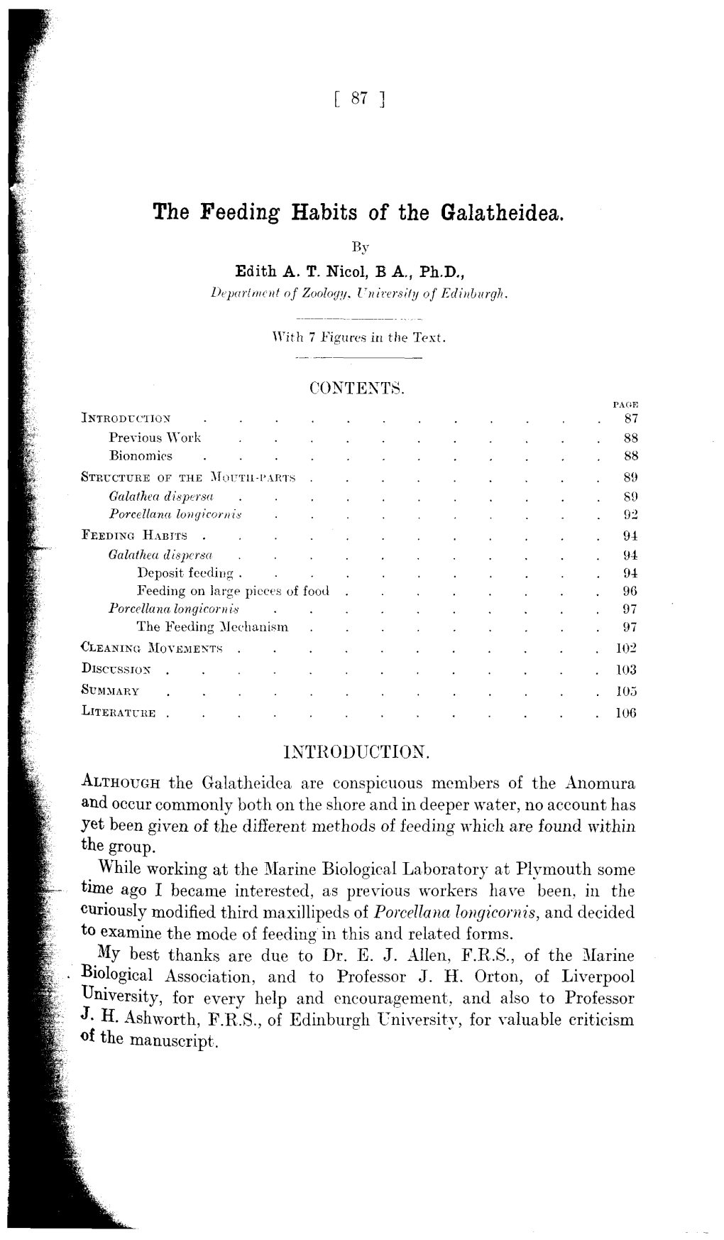 The Feeding Habits of the Galatheidea. by Edith A