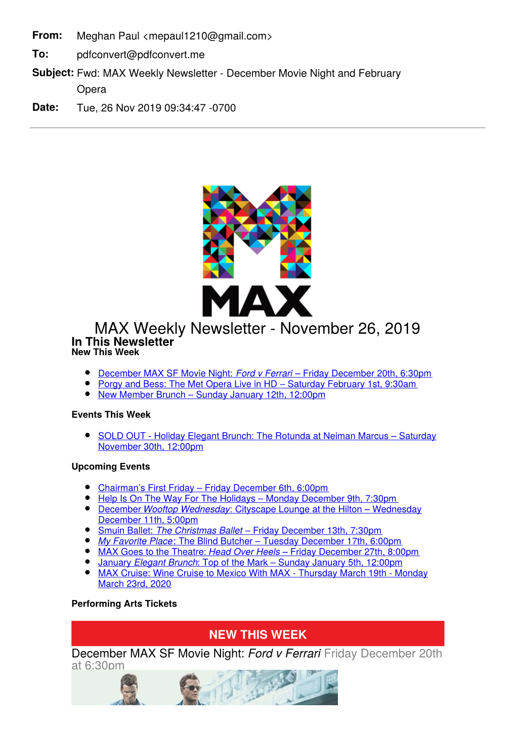 MAX Weekly Newsletter - December Movie Night and February Opera Date: Tue, 26 Nov 2019 09:34:47 -0700