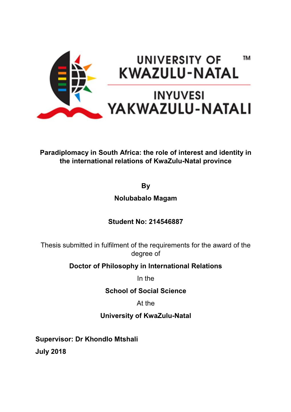 Paradiplomacy in South Africa: the Role of Interest and Identity in the International Relations of Kwazulu-Natal Province