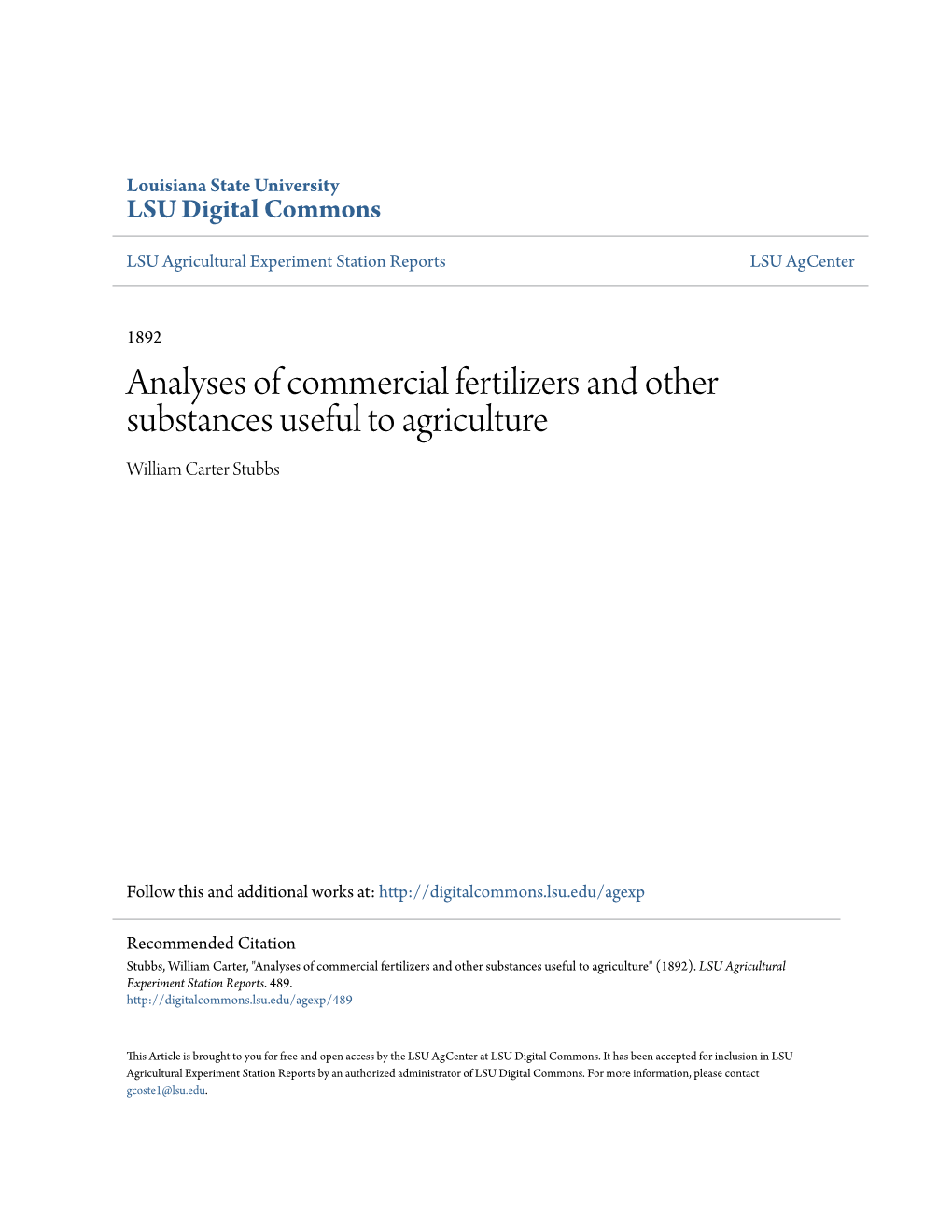 Analyses of Commercial Fertilizers and Other Substances Useful to Agriculture William Carter Stubbs