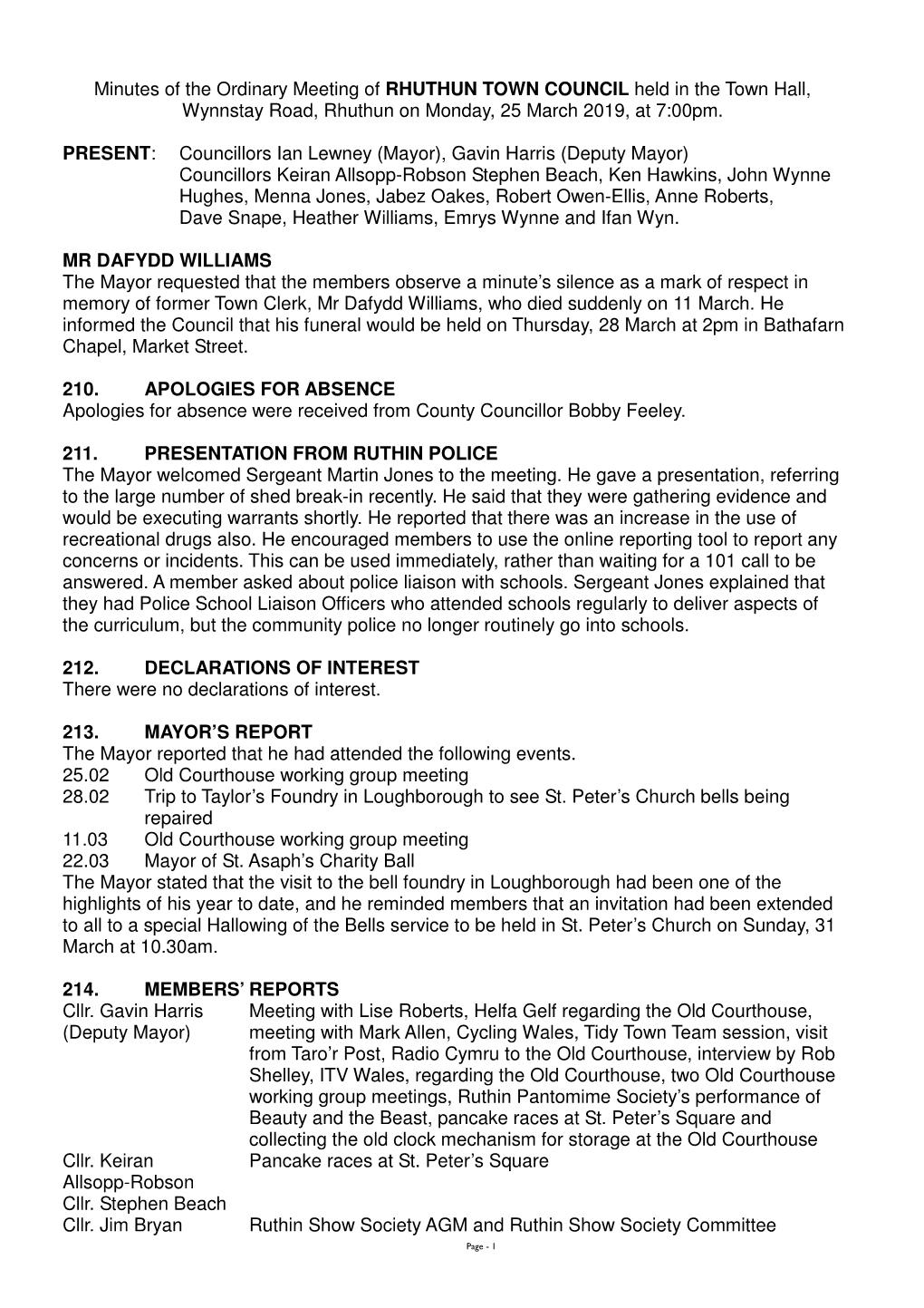 Minutes of the Ordinary Meeting of RHUTHUN TOWN COUNCIL Held in the Town Hall, Wynnstay Road, Rhuthun on Monday, 25 March 2019, at 7:00Pm