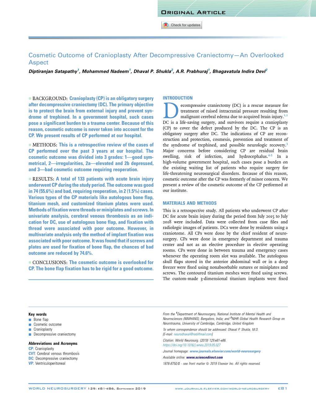 Cosmetic Outcome of Cranioplasty After Decompressive Craniectomy—An Overlooked Aspect