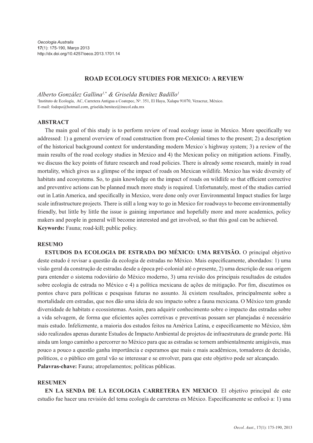 Road Ecology Studies for Mexico: a Review