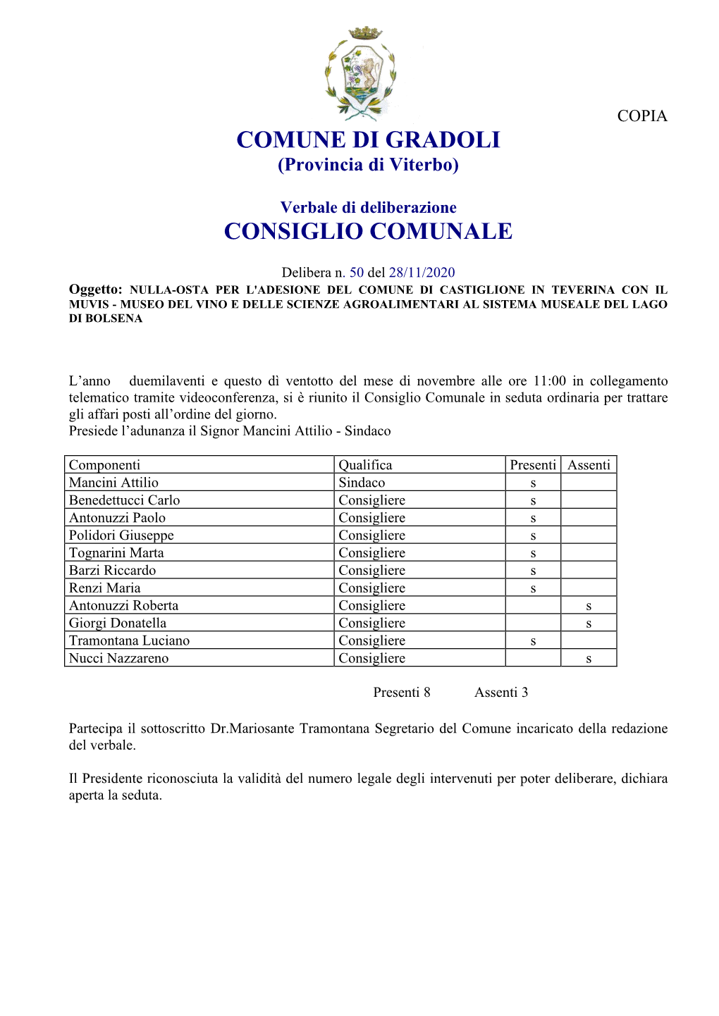 Comune Di Gradoli Consiglio Comunale