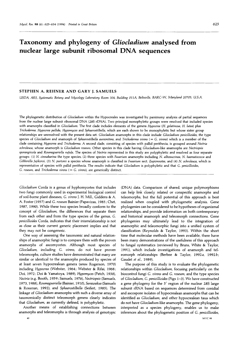 Taxonomy and Phylogeny of Gliocladium Analysed from Nuclear Large Subunit Ribosomal DNA Sequences