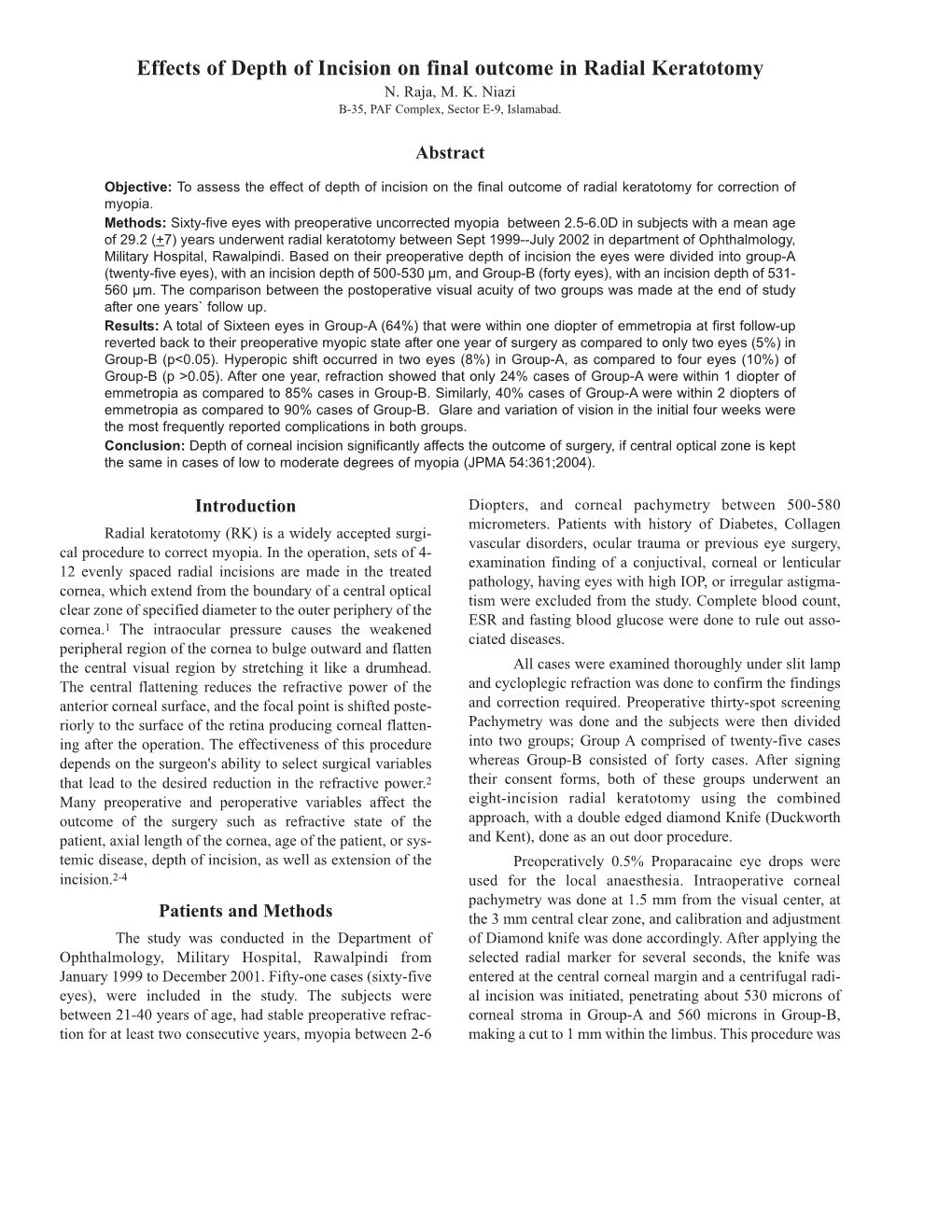 Effects of Depth of Incision on Final Outcome in Radial Keratotomy N