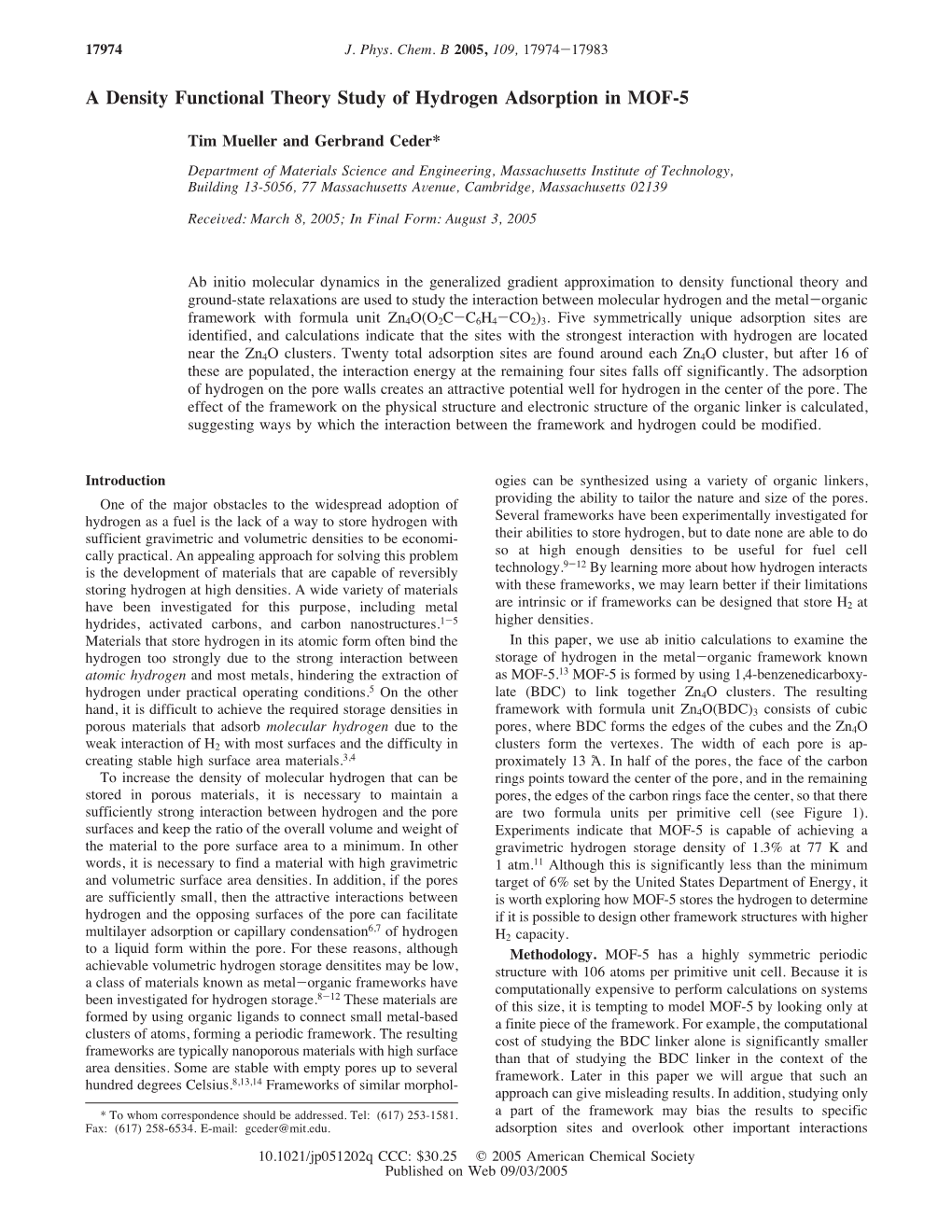 A Density Functional Theory Study of Hydrogen Adsorption in MOF-5