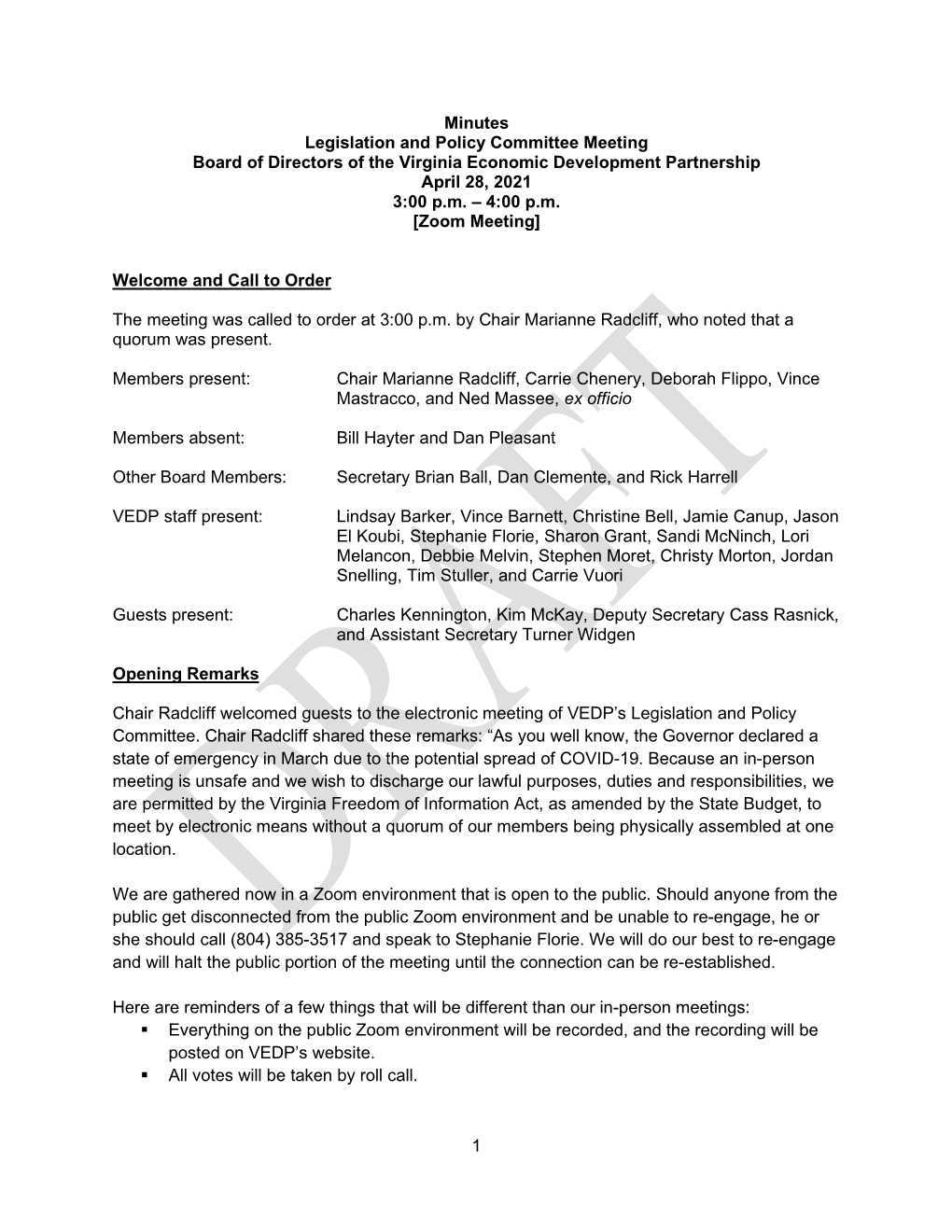 1 Minutes Legislation and Policy Committee Meeting Board of Directors of the Virginia Economic Development Partnership April