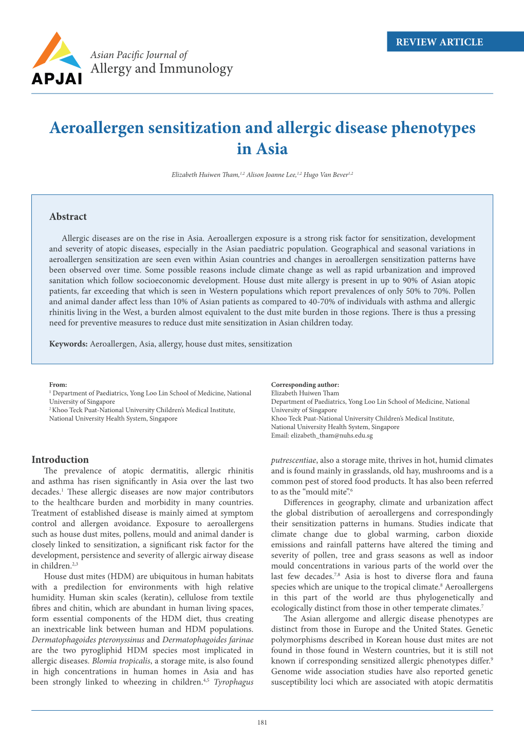 Aeroallergen Sensitization and Allergic Disease Phenotypes in Asia