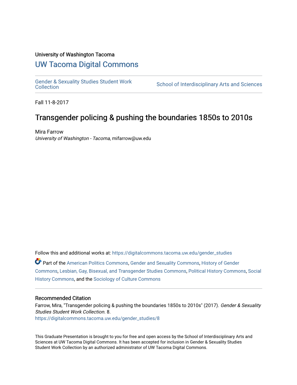 Transgender Policing & Pushing the Boundaries 1850S to 2010S