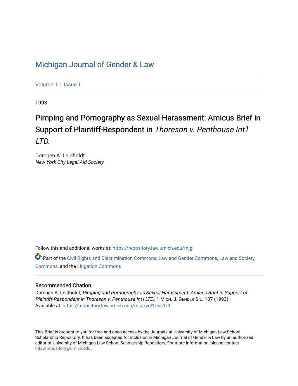 Pimping and Pornography As Sexual Harassment: Amicus Brief in Support of Plaintiff-Respondent in Thoreson V
