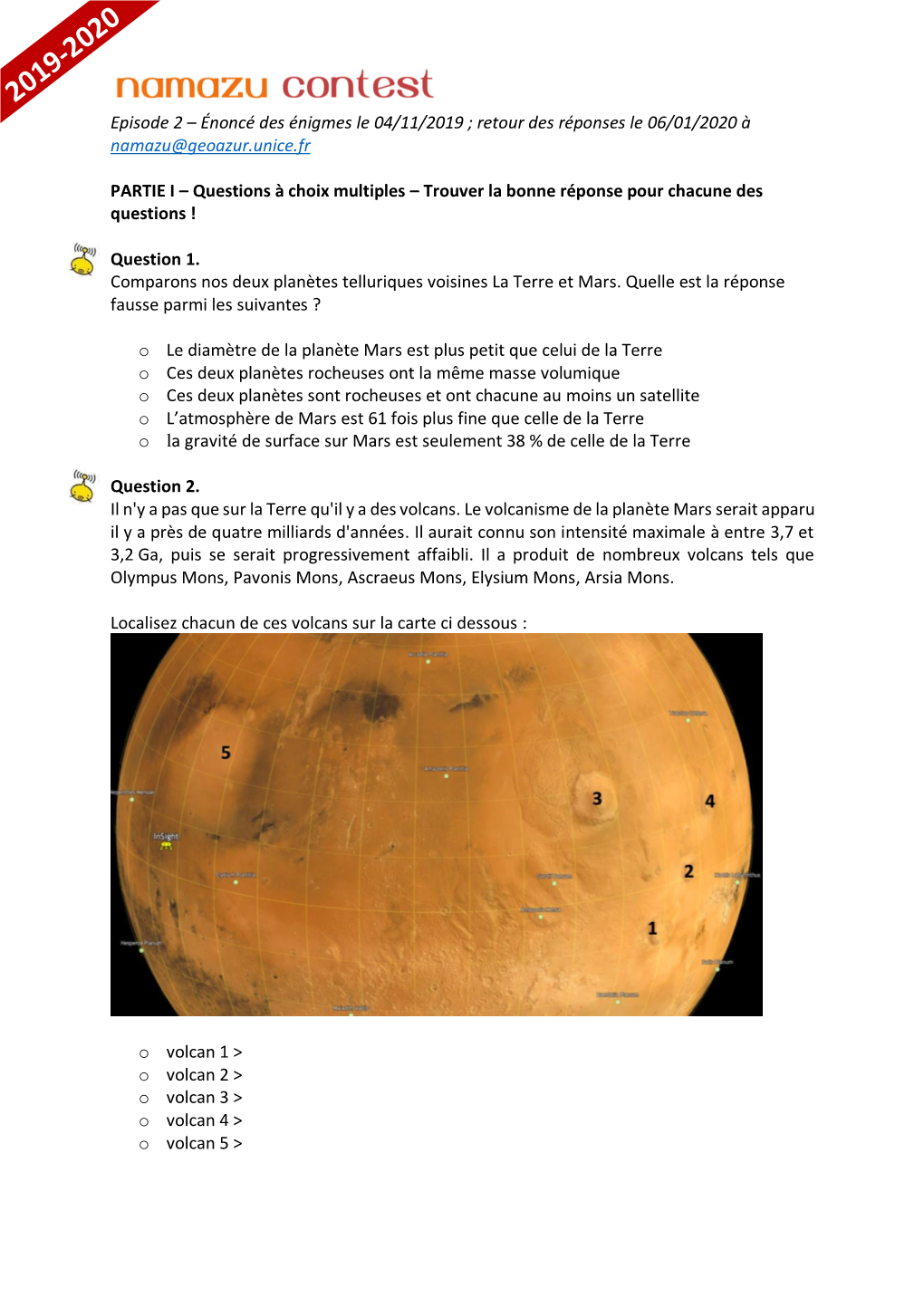 Retour Des Réponses Le 06/01/2020 À Namazu@Geoazur.Unice.Fr PARTIE I