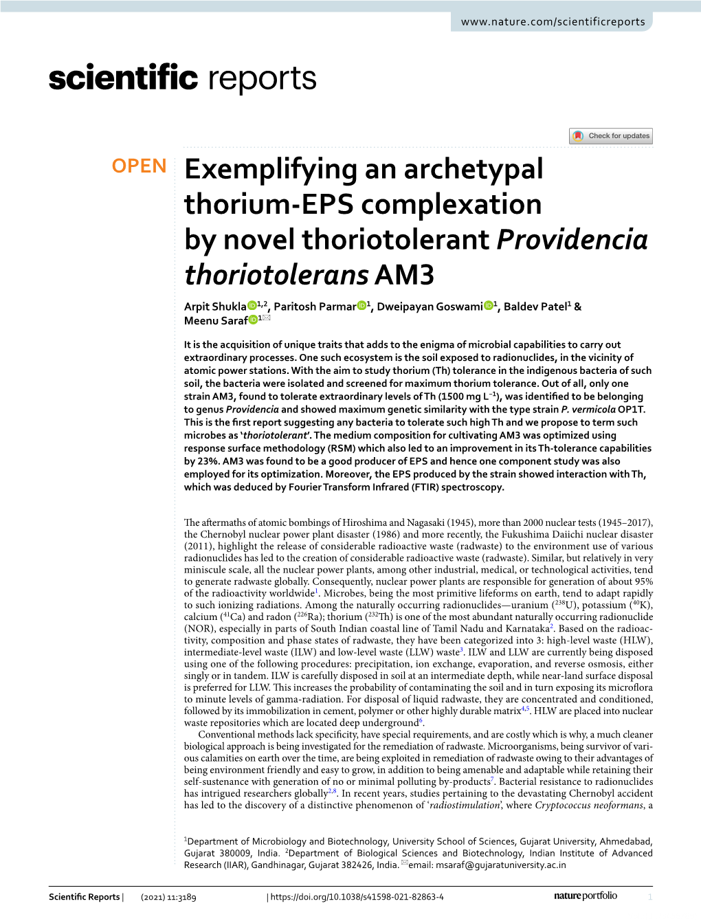 Exemplifying an Archetypal Thorium-EPS Complexation by Novel Thoriotolerant Providencia Thoriotolerans