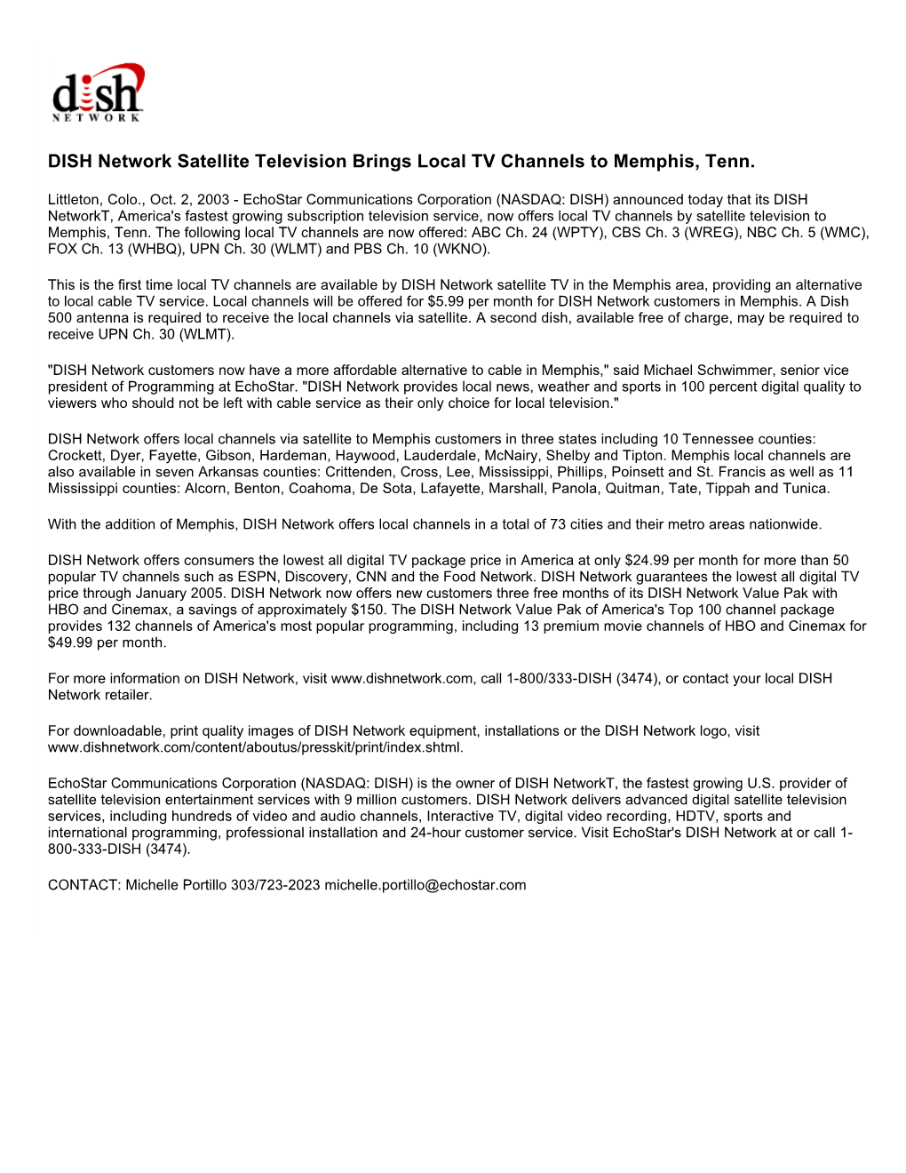 DISH Network Satellite Television Brings Local TV Channels to Memphis, Tenn