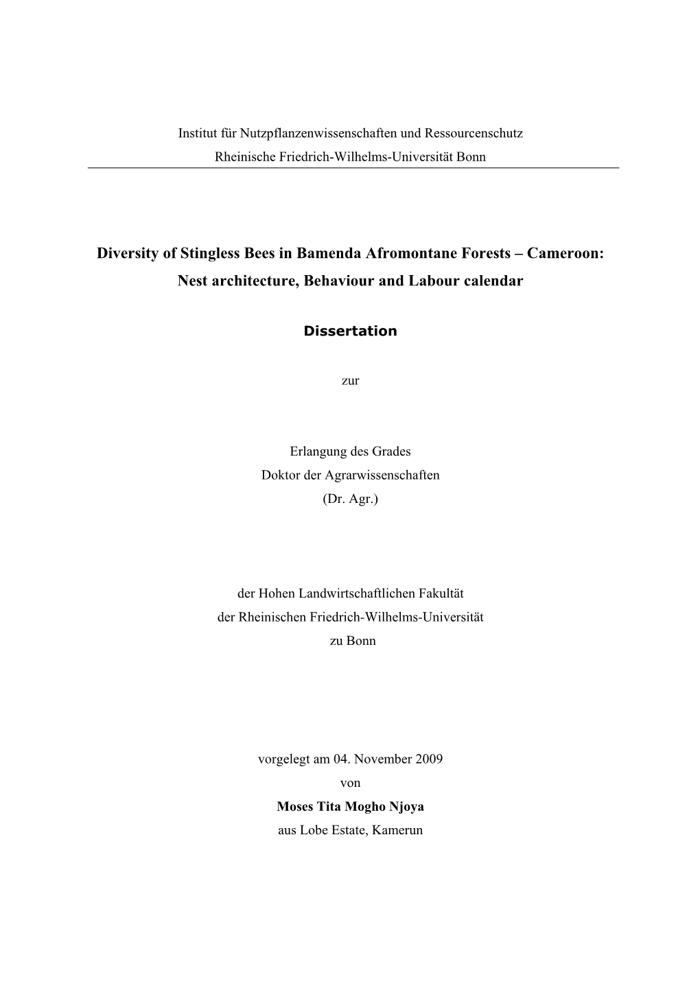 Cameroon: Nest Architecture, Behaviour and Labour Calendar