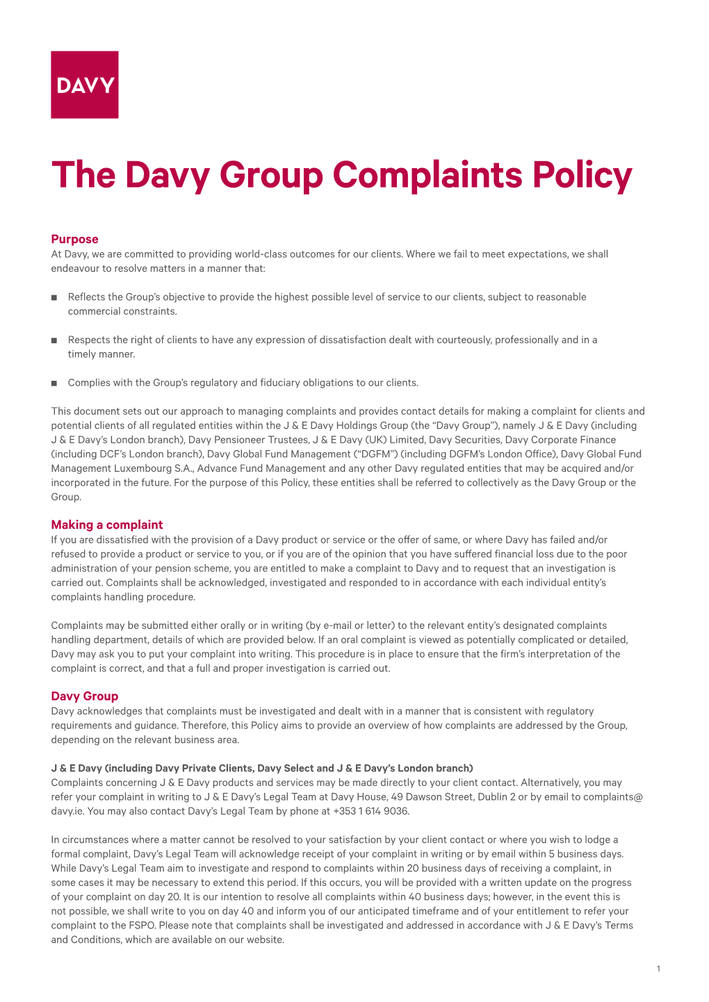 The Davy Group Complaints Policy