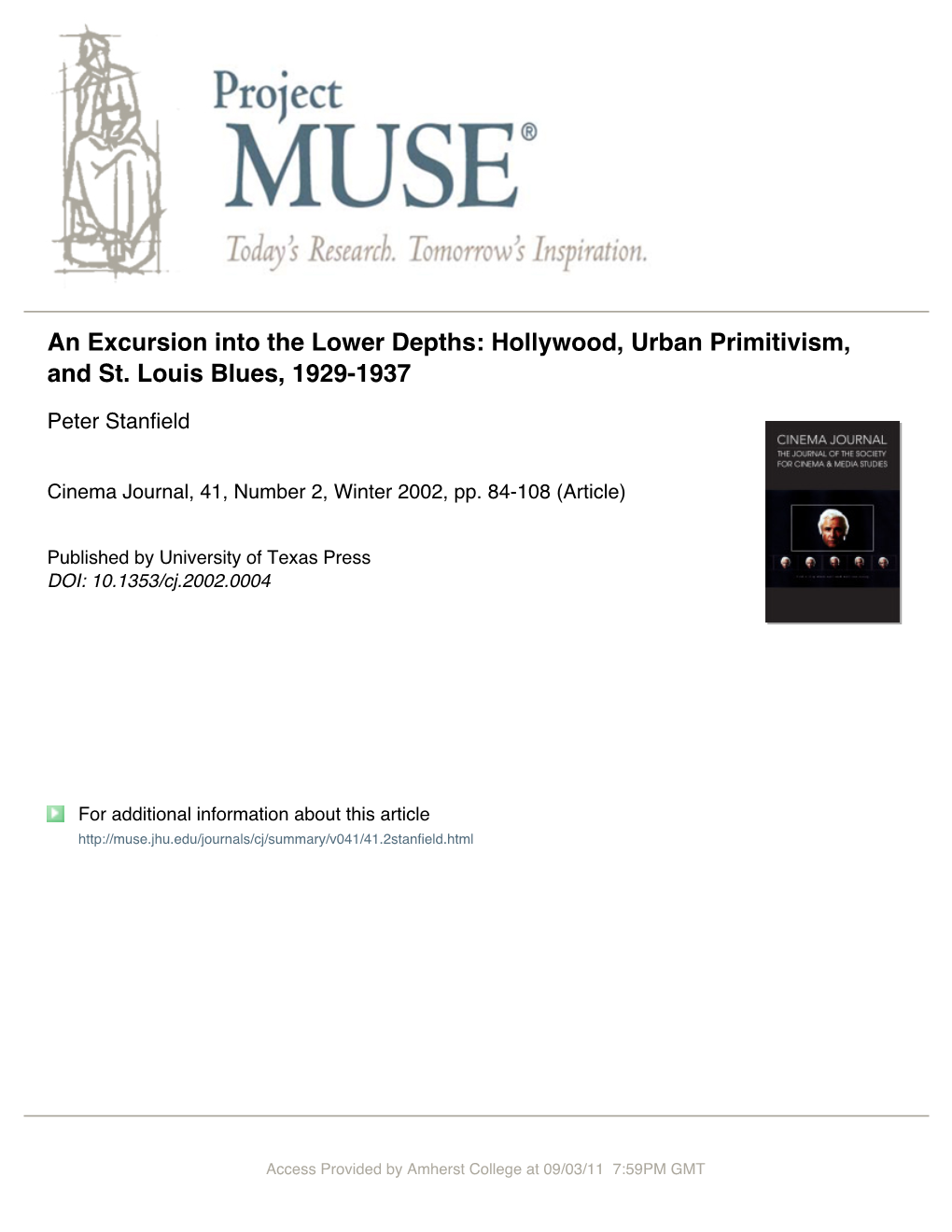 Hollywood, Urban Primitivism, and St. Louis Blues, 1929-1937