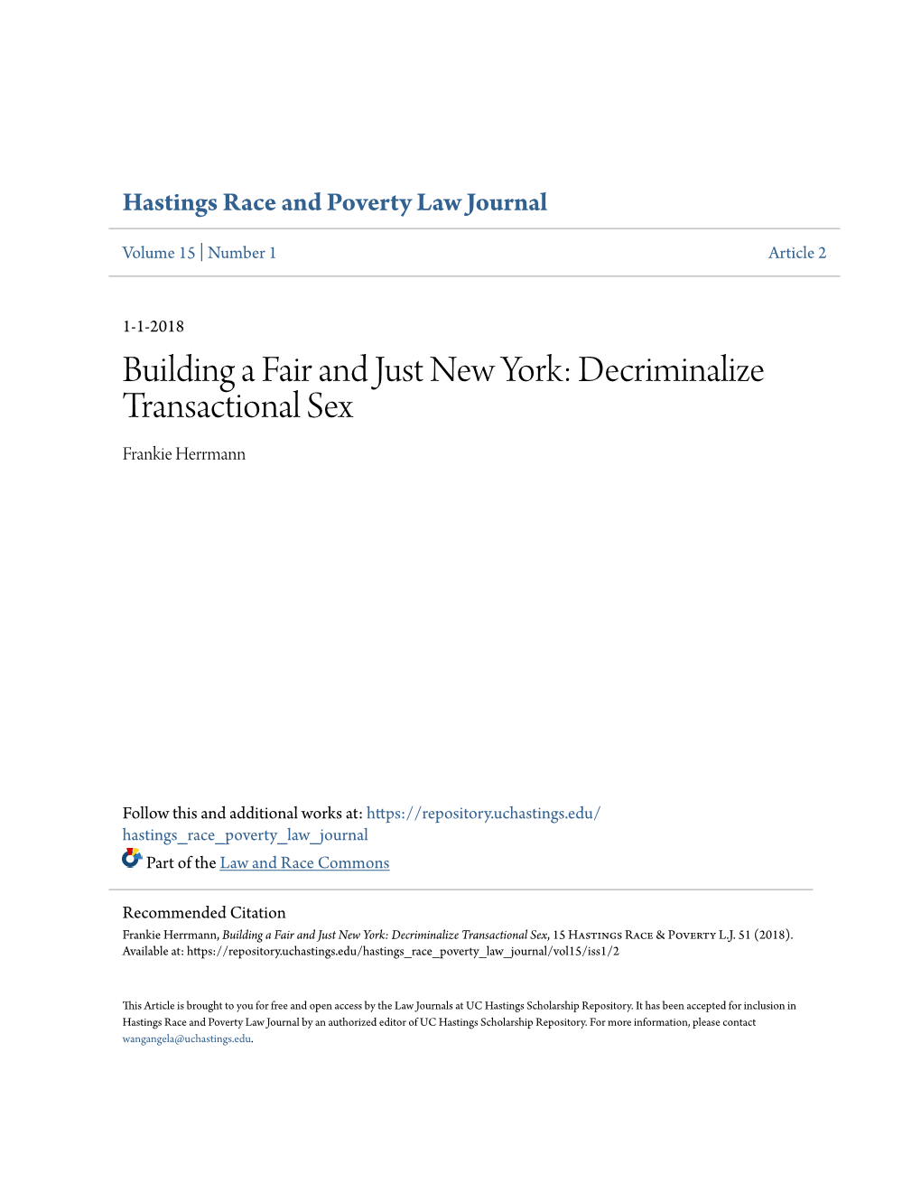 Building a Fair and Just New York: Decriminalize Transactional Sex Frankie Herrmann