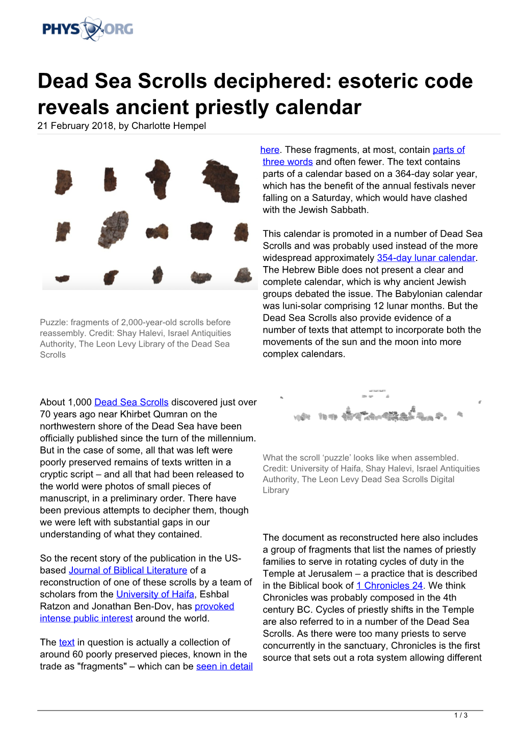 Dead Sea Scrolls Deciphered: Esoteric Code Reveals Ancient Priestly Calendar 21 February 2018, by Charlotte Hempel