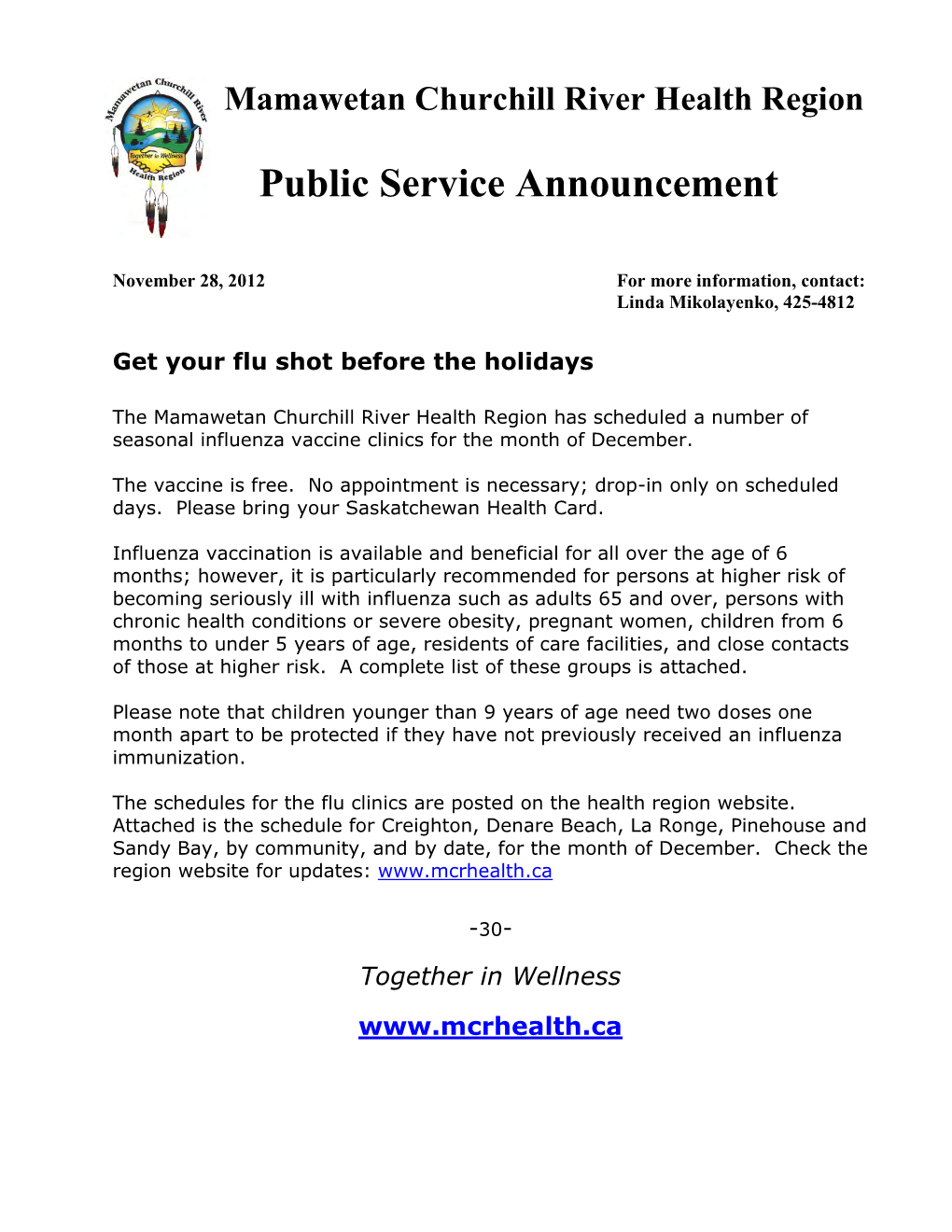 Mamawetan Churchill River Health Region Public Service Announcement
