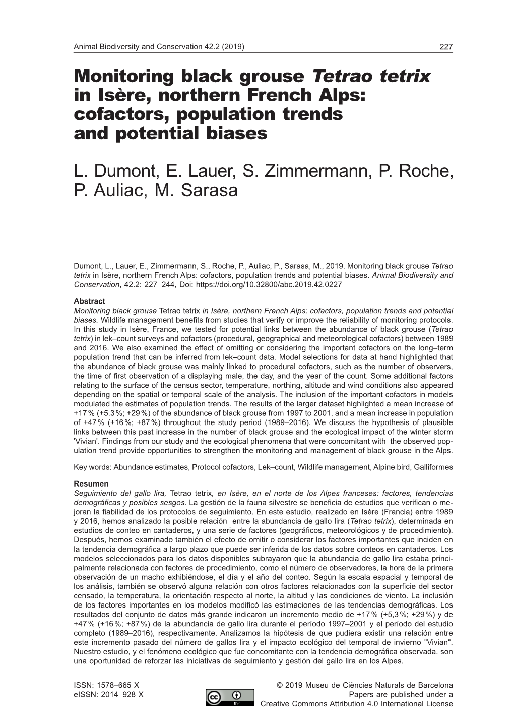 Monitoring Black Grouse Tetrao Tetrix in Isère, Northern French Alps: Cofactors, Population Trends and Potential Biases