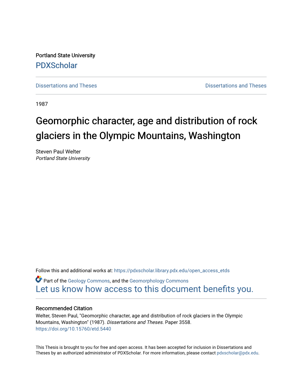 Geomorphic Character, Age and Distribution of Rock Glaciers in the Olympic Mountains, Washington