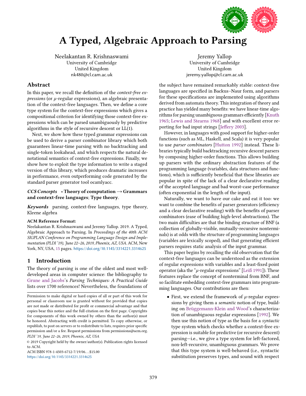 A Typed, Algebraic Approach to Parsing