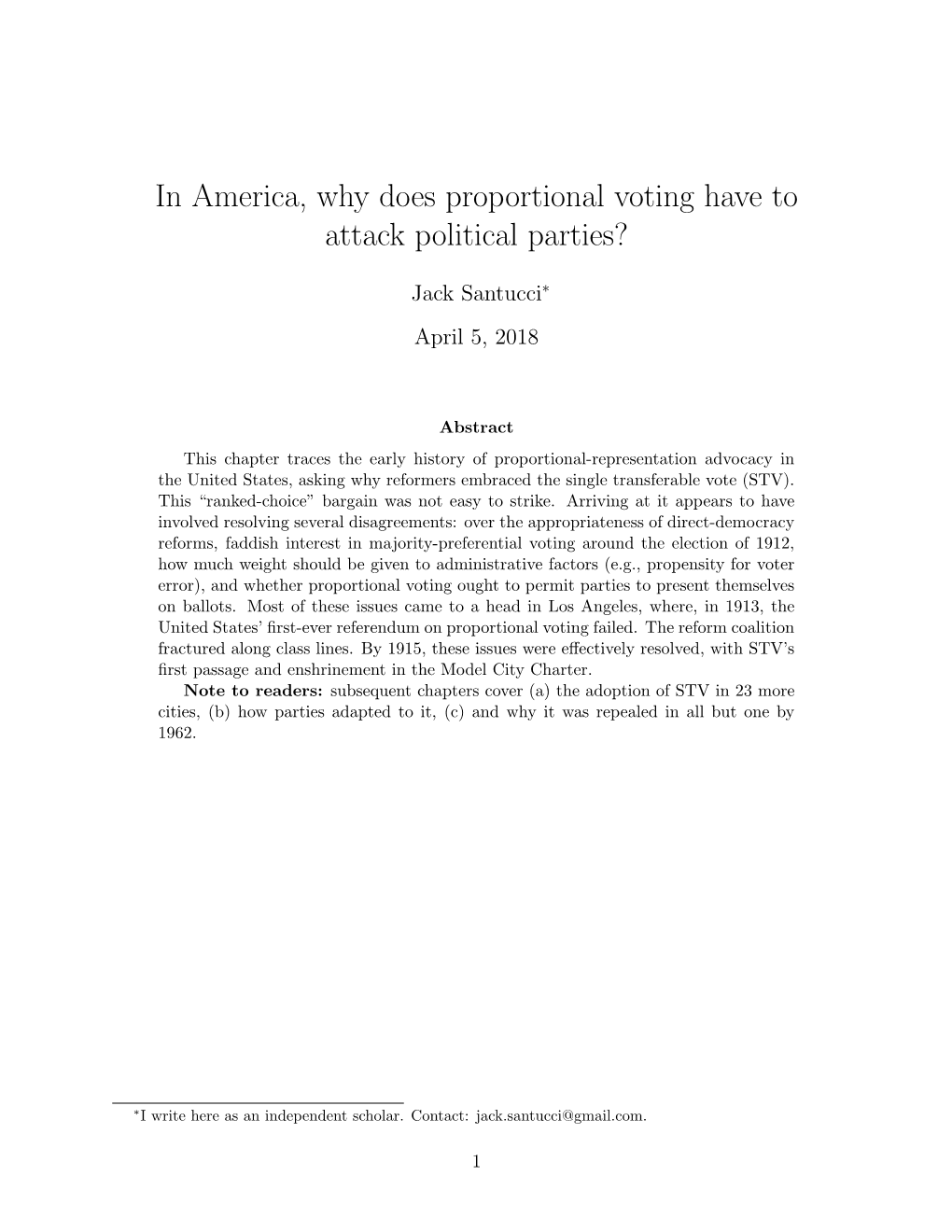 In America, Why Does Proportional Voting Have to Attack Political Parties?