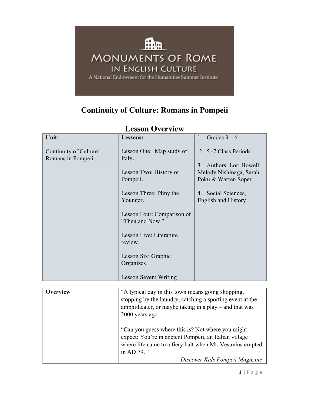 Continuity of Culture: Romans in Pompeii Lesson Overview