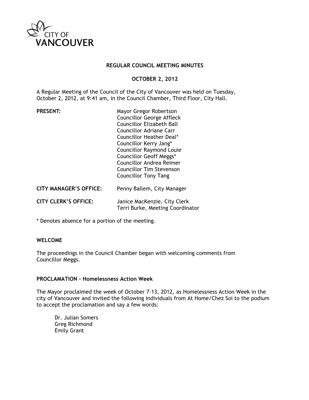 Regular Council Meeting Minutes