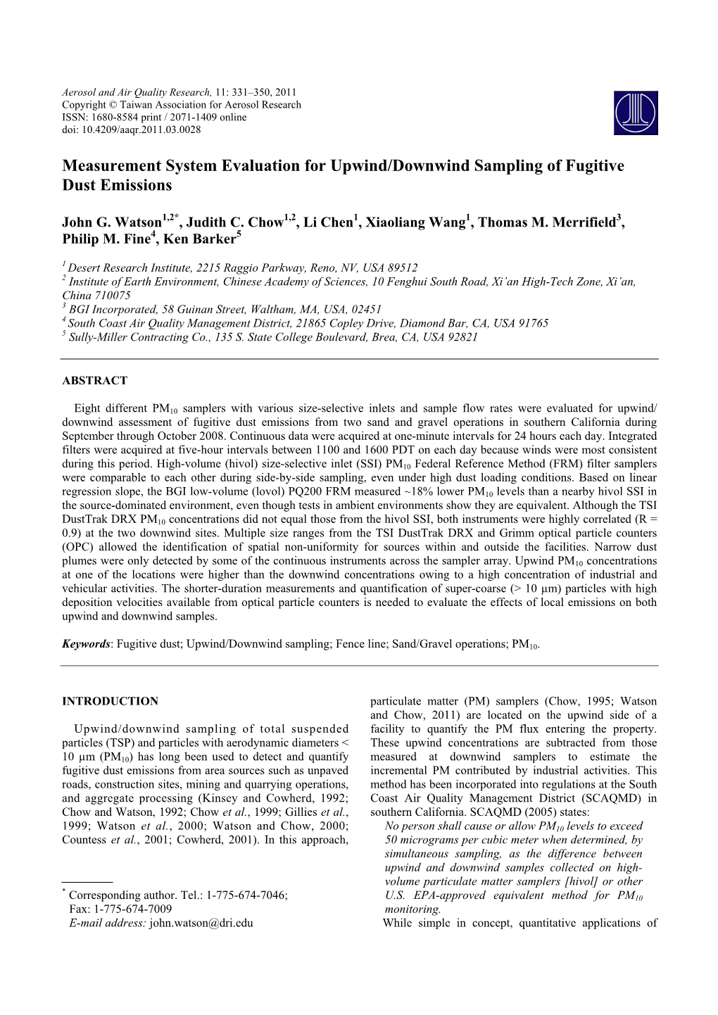 Measurement System Evaluation for Upwind/Downwind Sampling of Fugitive Dust Emissions