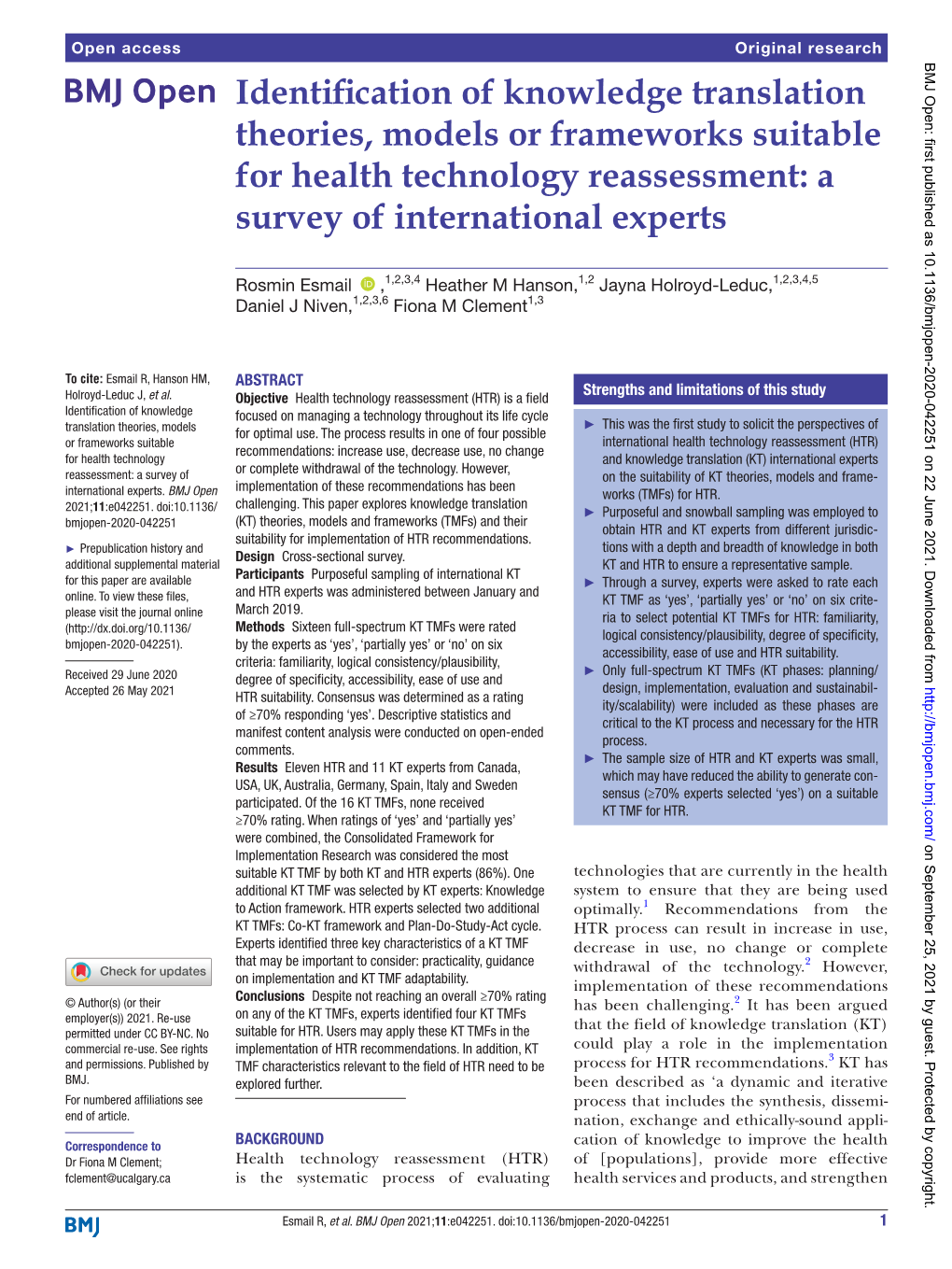 Identification of Knowledge Translation Theories, Models Or Frameworks Suitable for Health Technology Reassessment: a Survey of International Experts