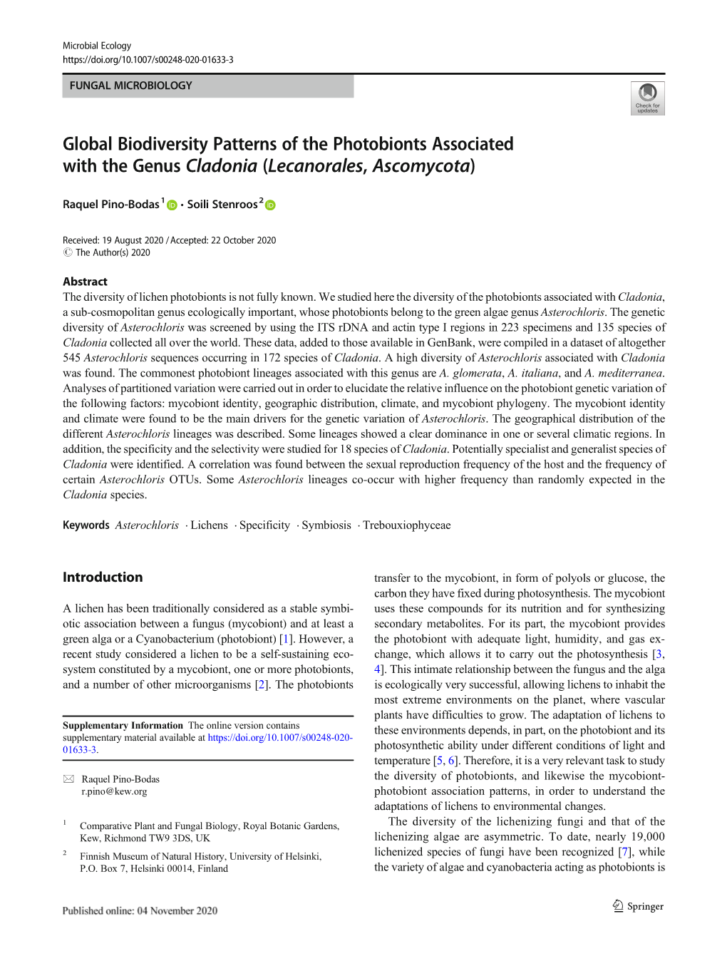 Global Biodiversity Patterns of the Photobionts Associated with the Genus Cladonia (Lecanorales, Ascomycota)