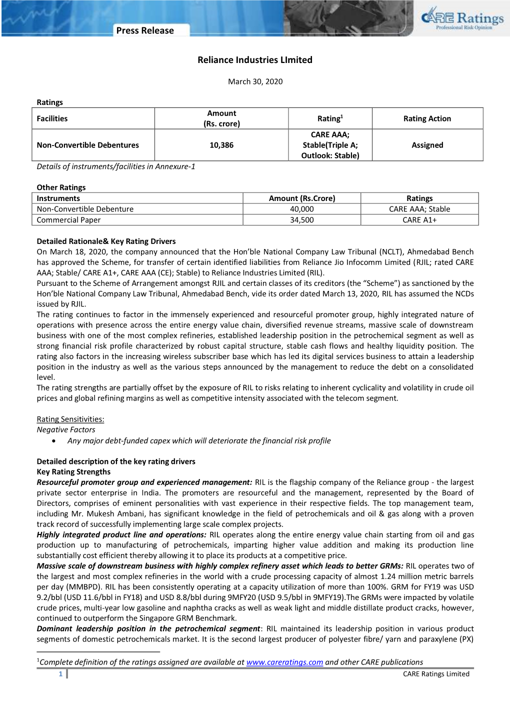 Press Release Reliance Industries Limited