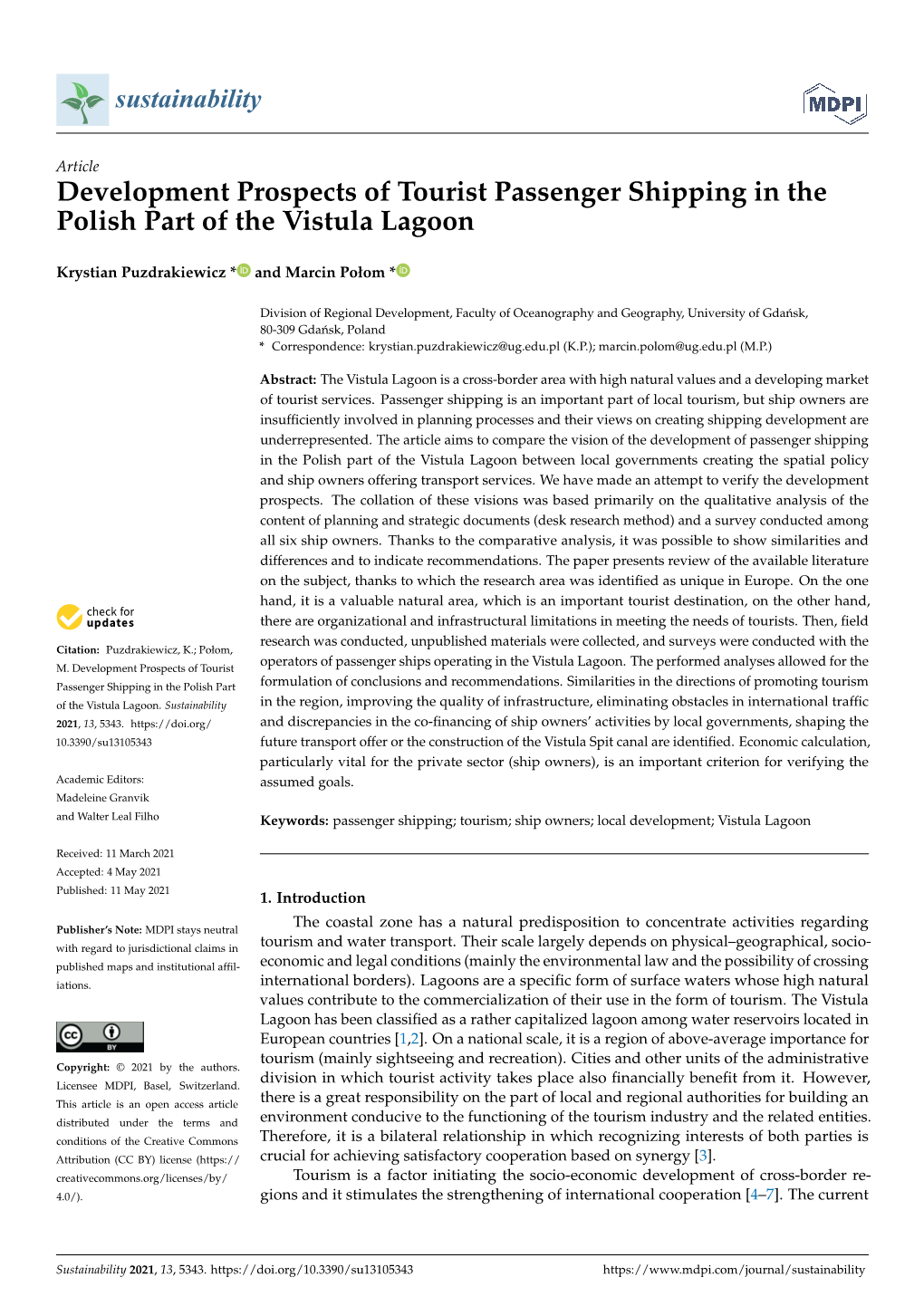 Development Prospects of Tourist Passenger Shipping in the Polish Part of the Vistula Lagoon