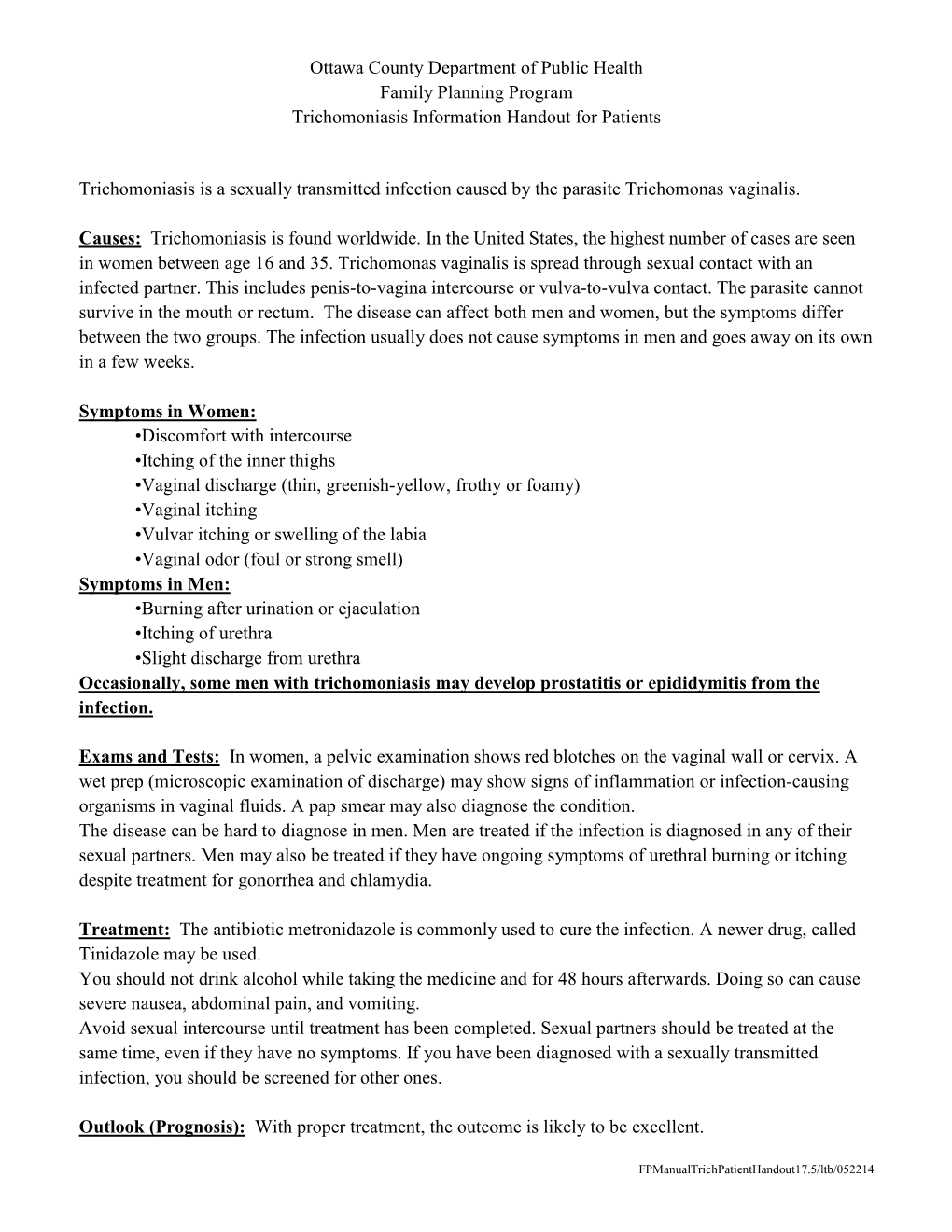 Trichomoniasis Information Handout for Patients