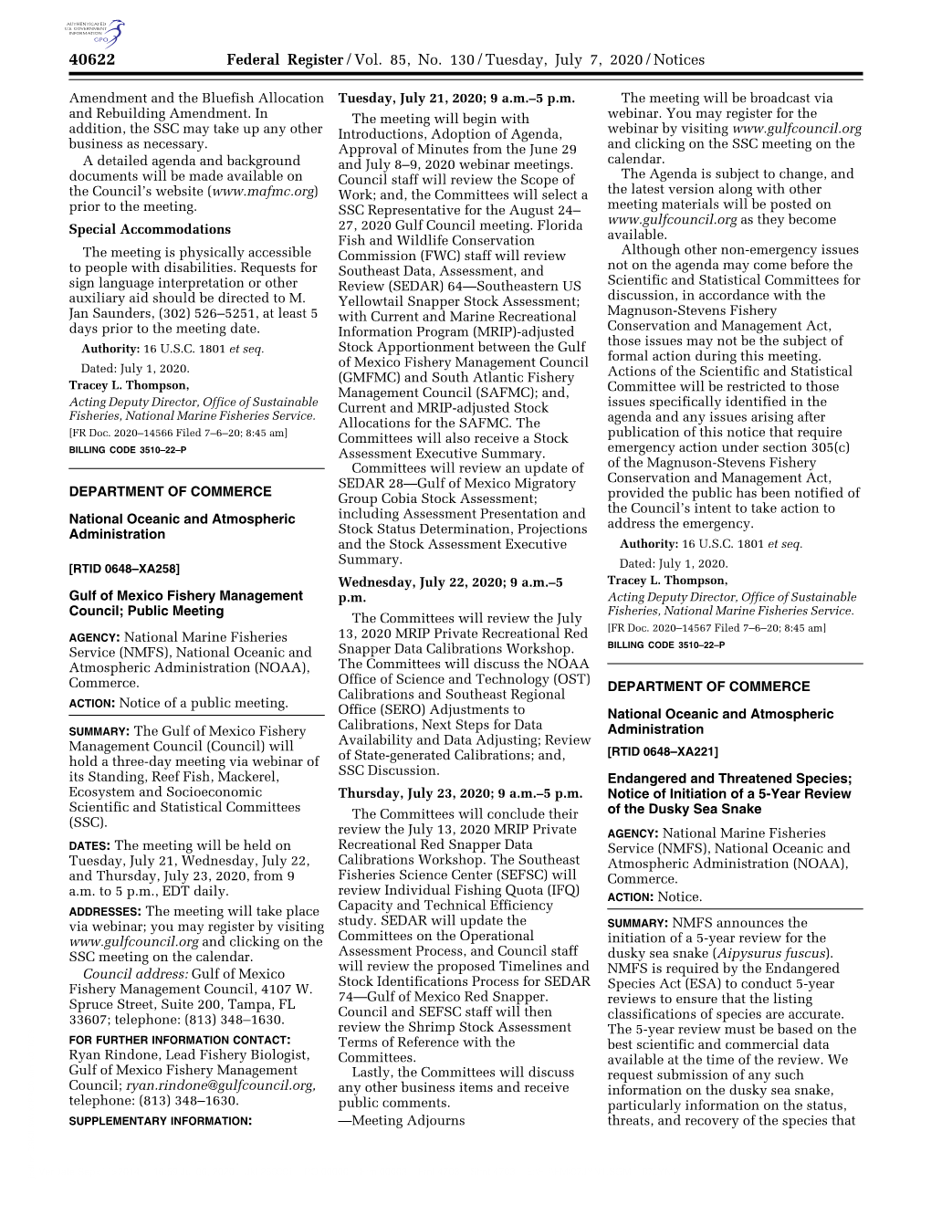 Federal Register/Vol. 85, No. 130/Tuesday, July 7, 2020/Notices