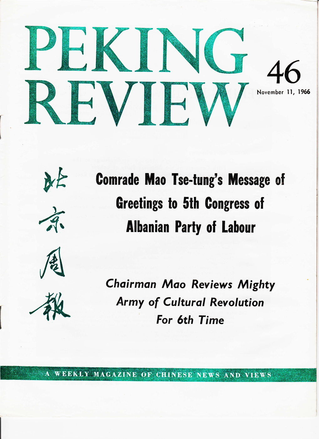 Comrade Mao Tse-Tung's Message of Greetings to 5Th Gongres$ of 4 Albanian Party of Labour