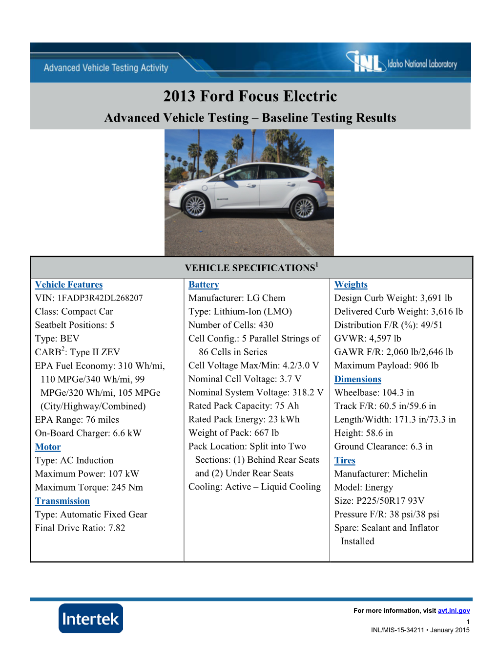 2013 Ford Focus Electric Advanced Vehicle Testing – Baseline Testing Results