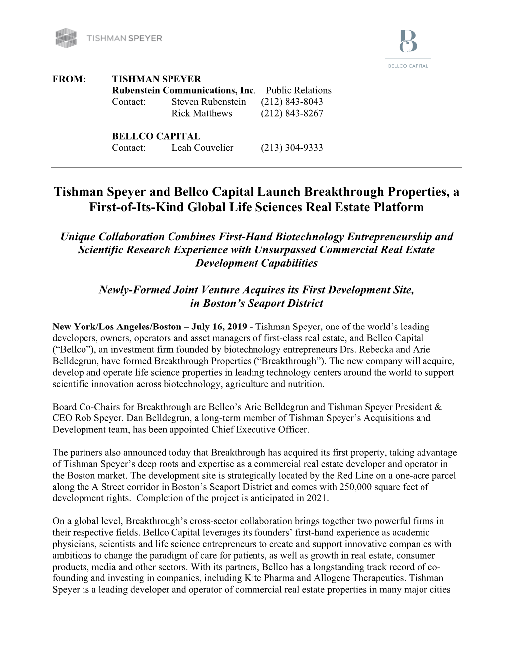 Tishman Speyer and Bellco Capital Launch Breakthrough Properties, a First-Of-Its-Kind Global Life Sciences Real Estate Platform