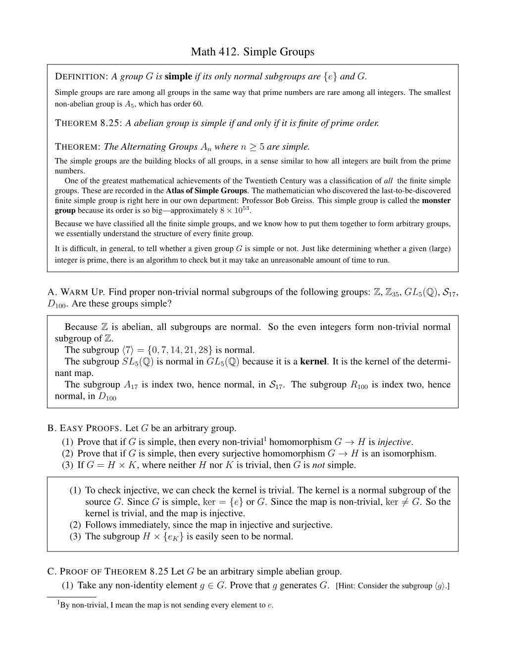 Math 412. Simple Groups