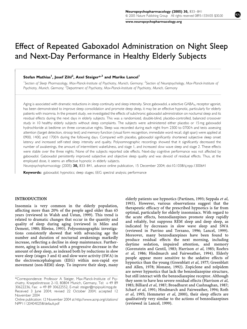 Effect of Repeated Gaboxadol Administration on Night Sleep and Next-Day Performance in Healthy Elderly Subjects