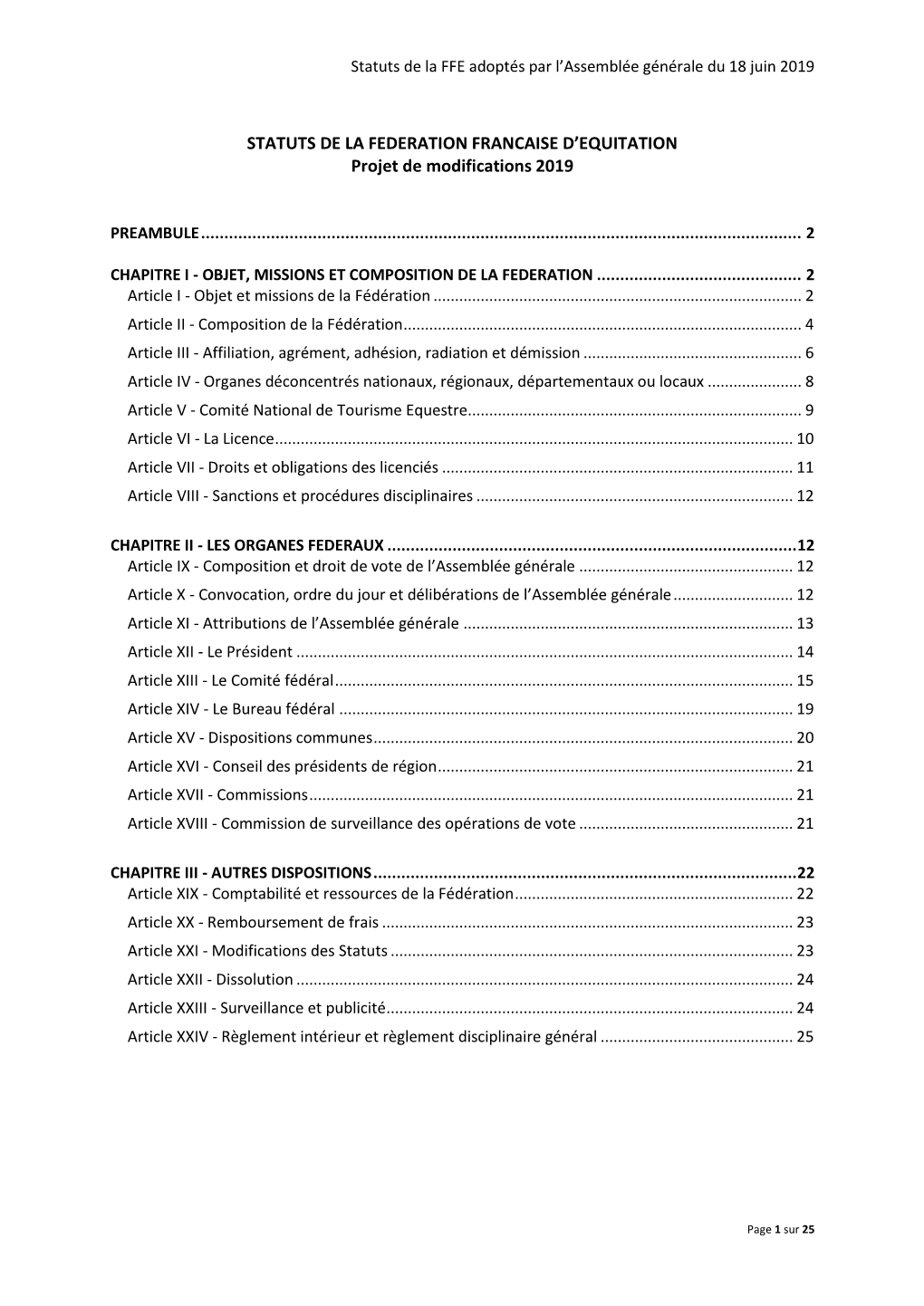 Statuts De La FFE Adoptés Par L'assemblée Générale Du 18 Juin 2019